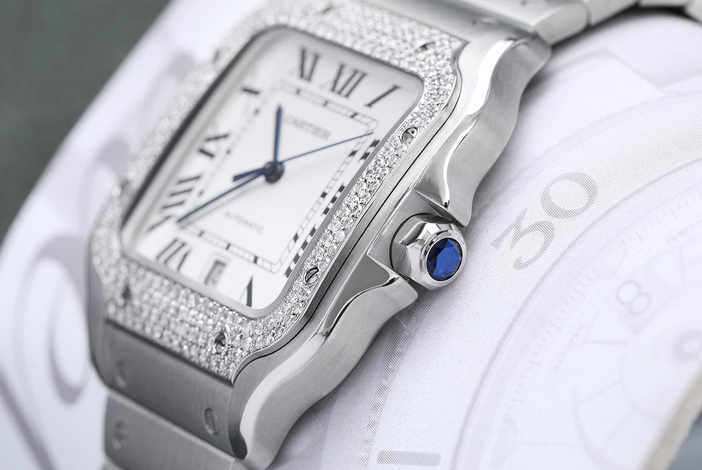 Cartier Santos De Cartier Stainless Steel Watch with Diamond Bezel White Dial