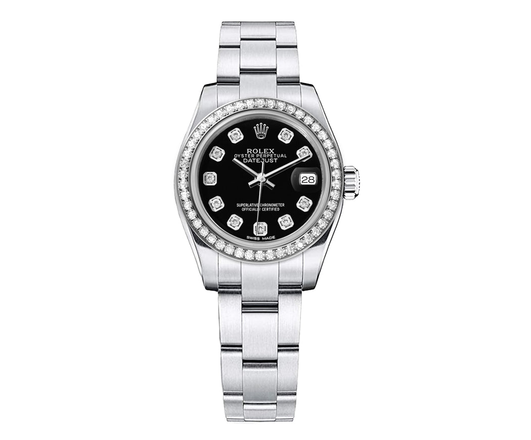 Rolex DateJust 26mm Oyster Black Dial-Diamond Bezel 1.50ct